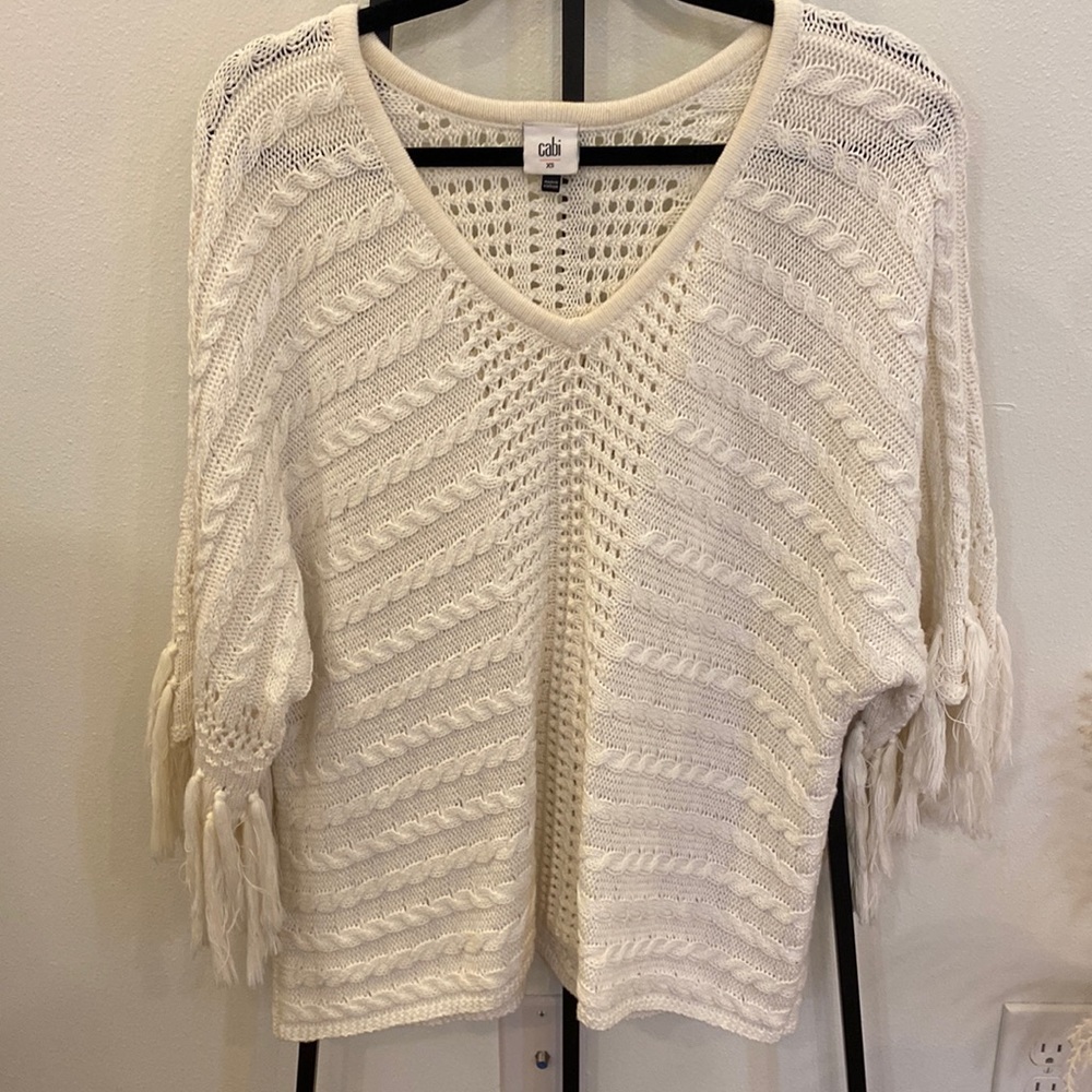 Cabi Sweater! Fringe sleeve detailing.